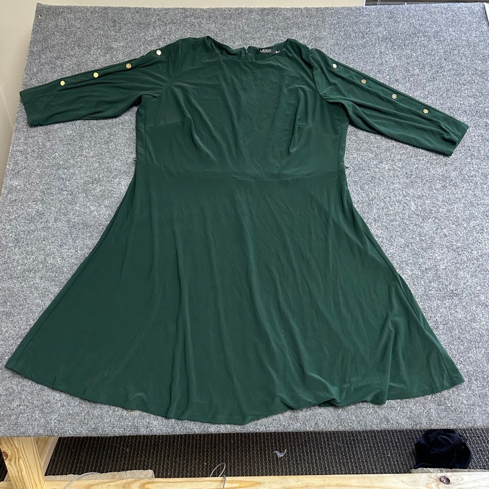 Lauren Ralph Lauren Dress Womens Size 20W Green Fit Flare Gold Button Sleeve